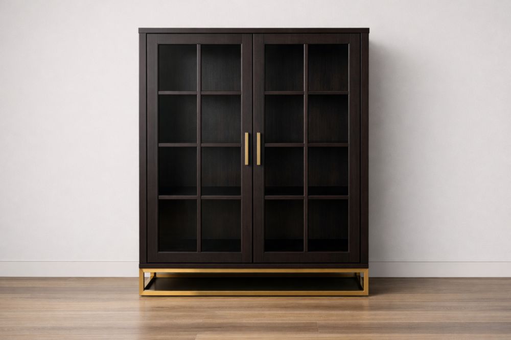 Dark Wood Display Cabinet with Glass Doors and Metal Base