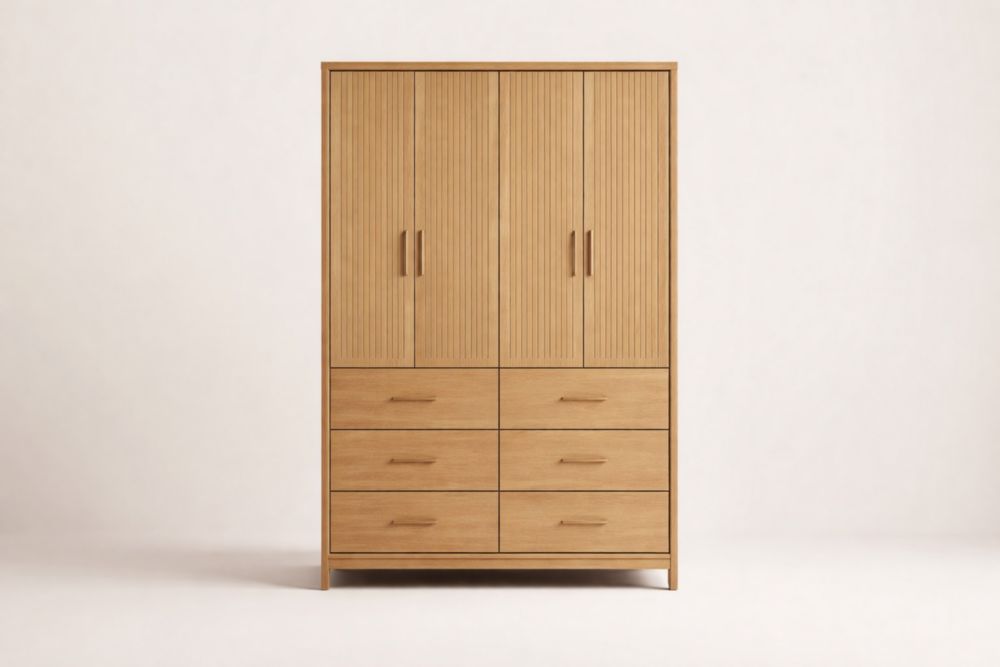 Wooden Wardrobe with Doors and Drawers in Oak Finish