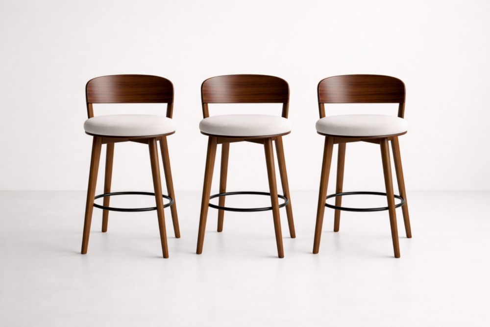 Set of 3 Walnut Wood and Fabric Counter Stools with Upholstered Seats