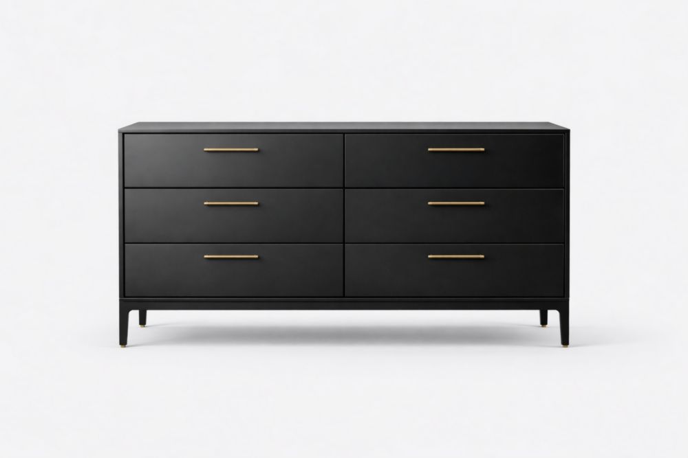 Black Wood Dresser with Gold Metal Handles and Six Drawers