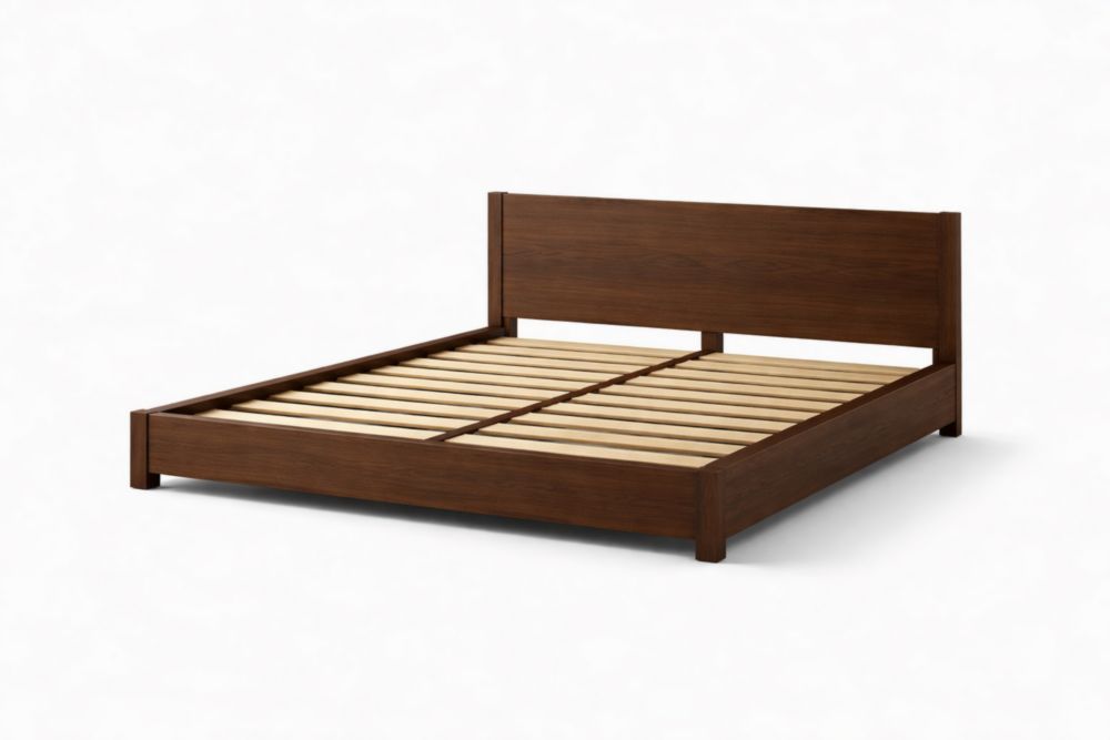 Walnut Brown Solid Wood Platform Bed Frame with Headboard