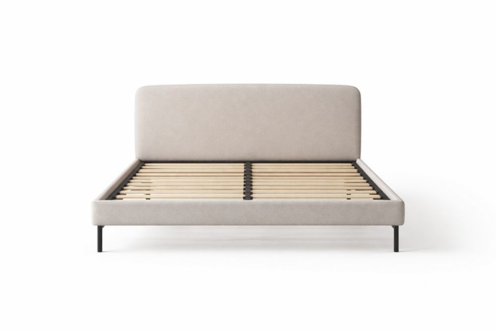 Beige Upholstered Bed Frame with Wood Slats and Metal Legs