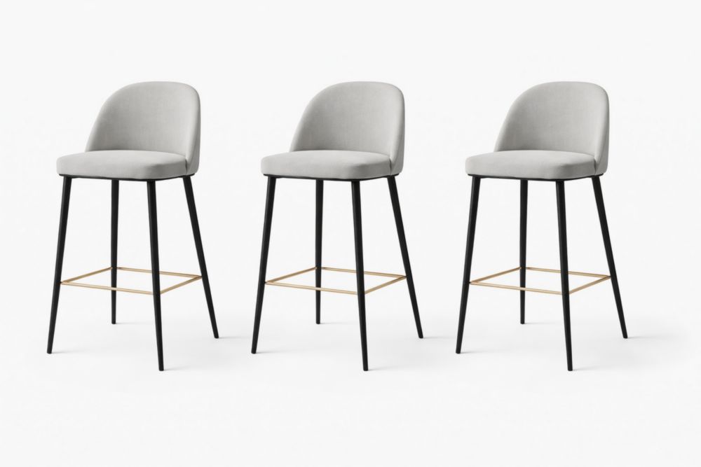 Set of 3 Grey Velvet Bar Stools with Metal Legs and Footrest