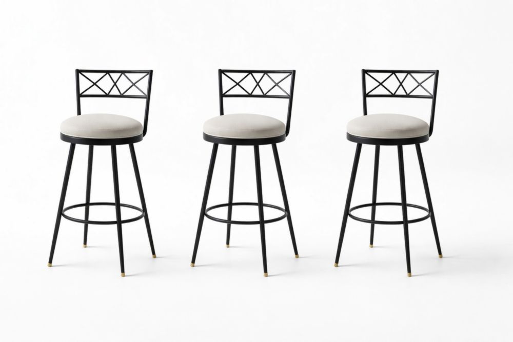 Set of 3 Black Metal Swivel Bar Stools with Beige Polyester Seats 29-Inch