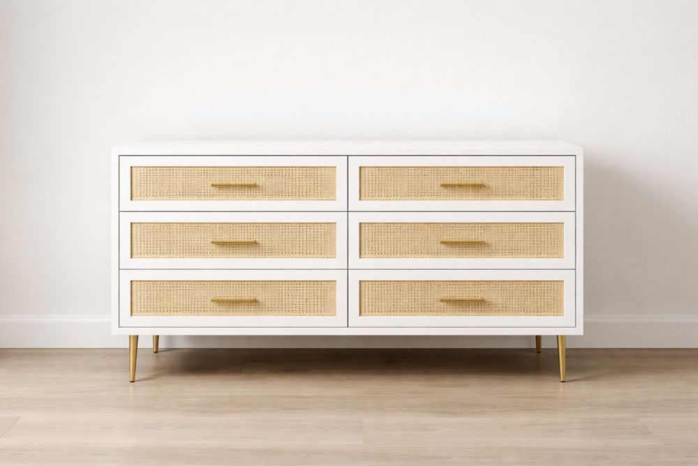 Wood and Rattan Six-Drawer Dresser with Gold Metal Legs
