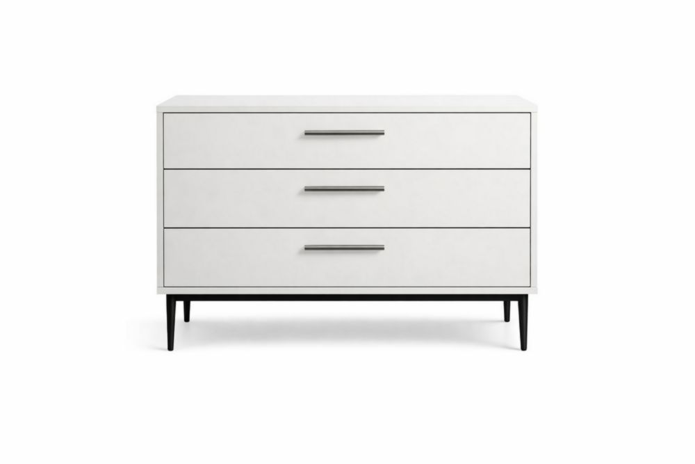 White 3-Drawer Dresser with Metal Handles and Tapered Legs