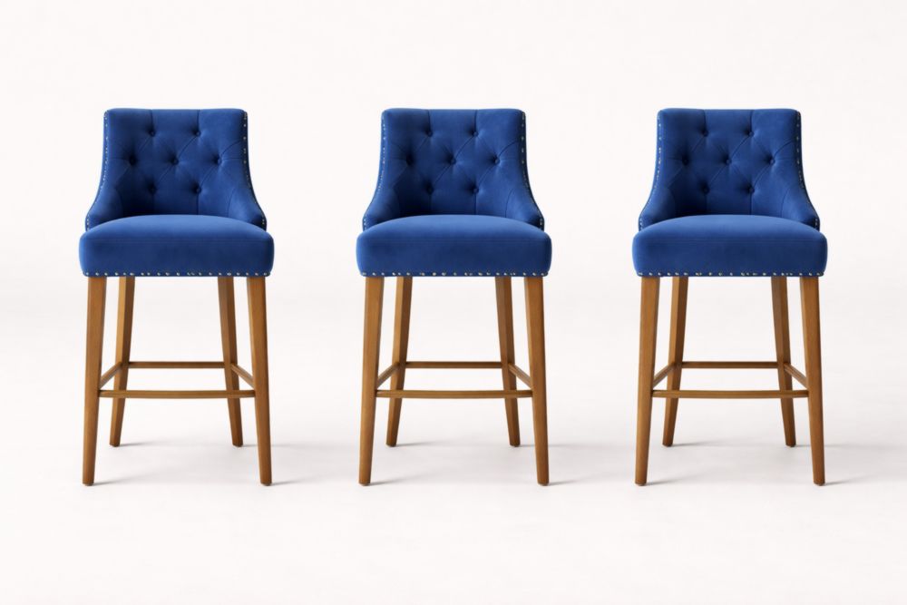 Set of 3 Blue Upholstered Bar Stools with Wooden Legs
