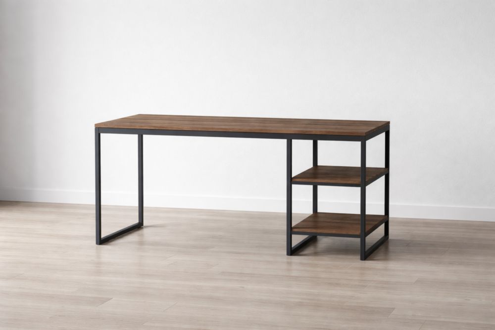 Wood Desk with Metal Frame and Shelves Brown