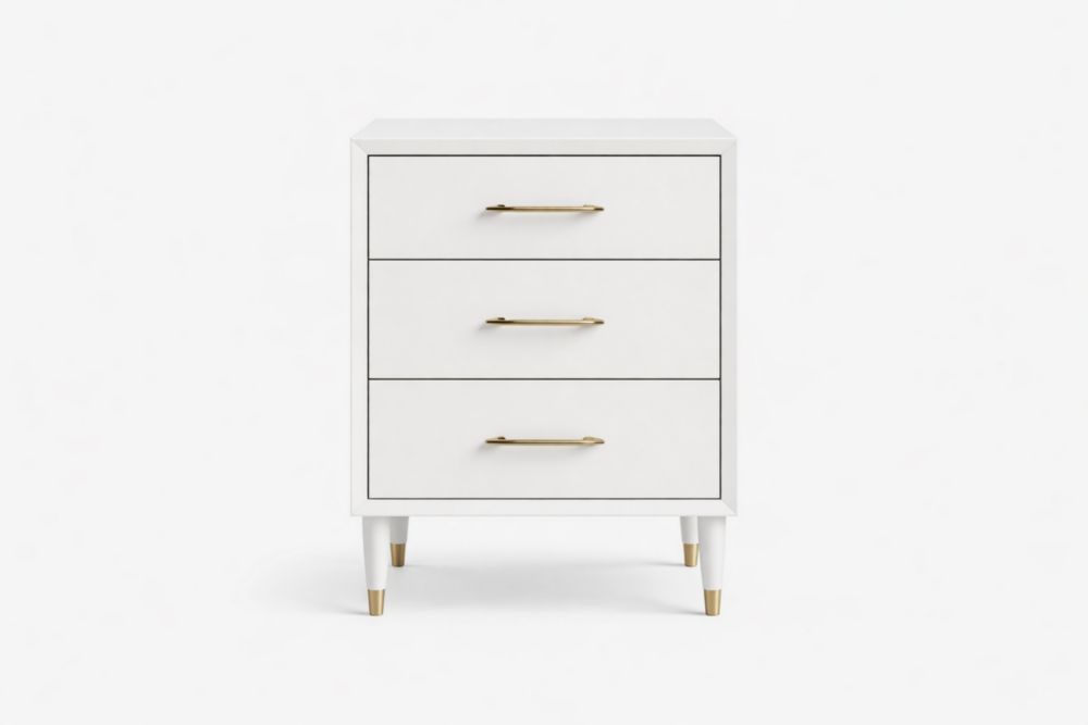 White Wooden Nightstand with Three Drawers and Gold Accents