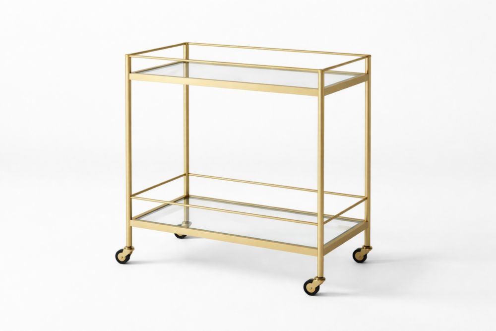 Gold Metal and Tempered Glass Bar Cart with Wheels 30.7in x 18.1in x 35.8in