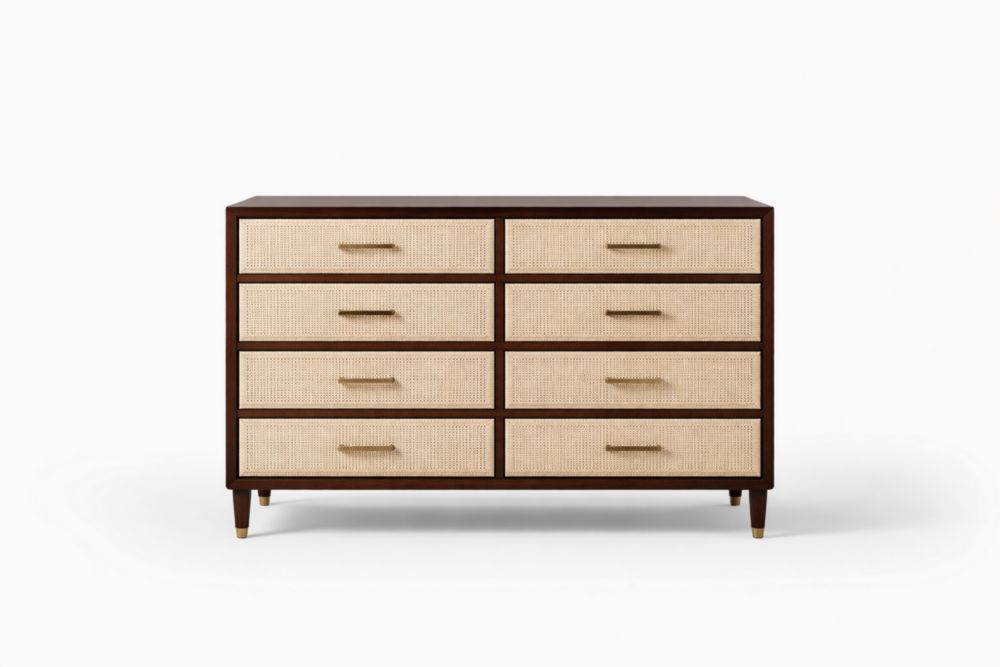 Eight-Drawer Wood and Rattan Dresser Brown/Beige