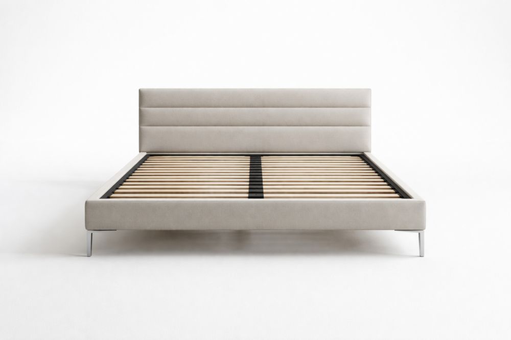 Beige upholstered bed frame with steel legs