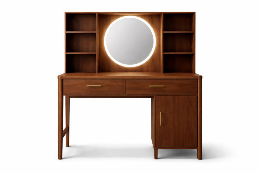 Wood Vanity Table with LED Mirror and Shelves