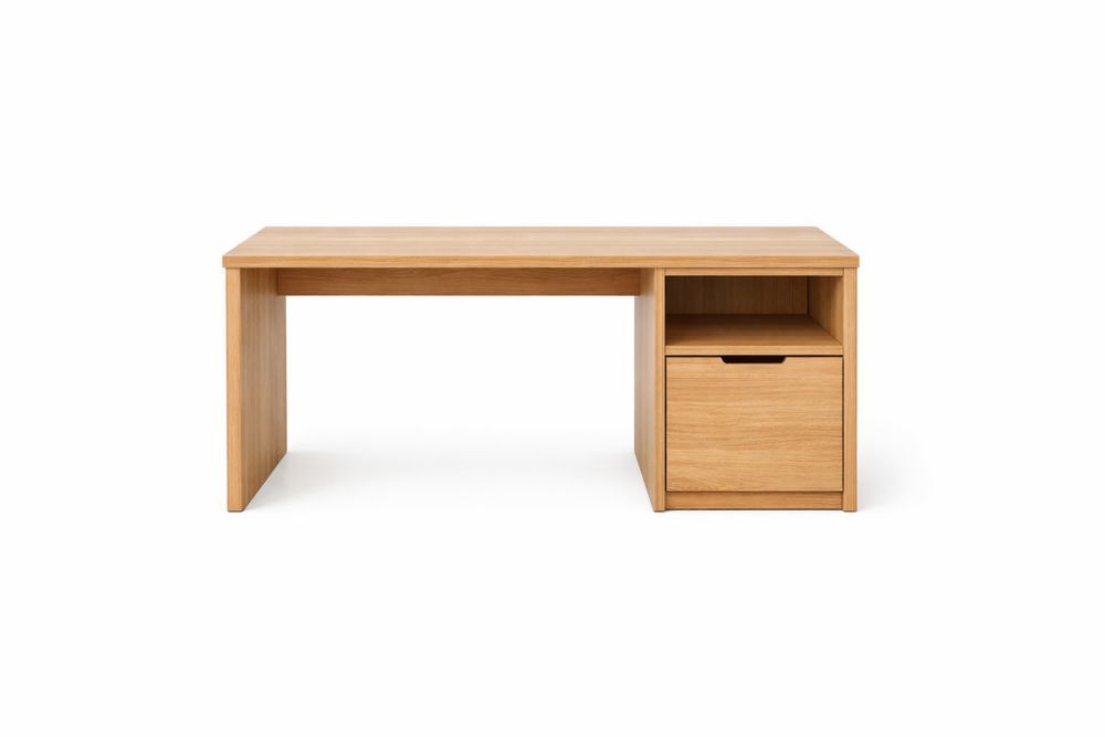 Wooden Desk with Drawer and Open Shelf in Oak Finish