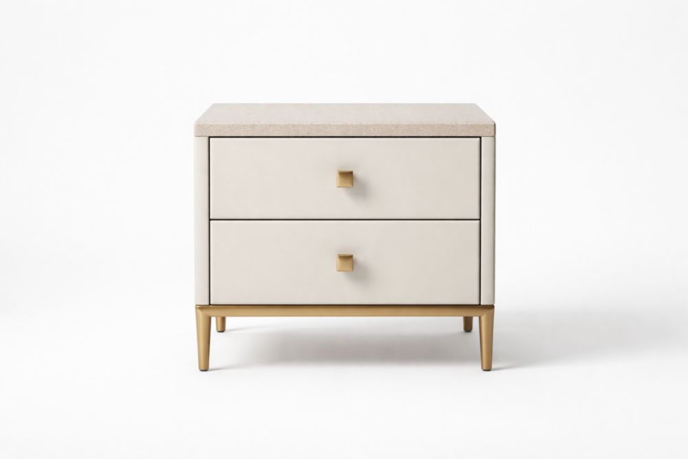 Two drawer beige bedside table with faux stone textured wooden top and metal legs