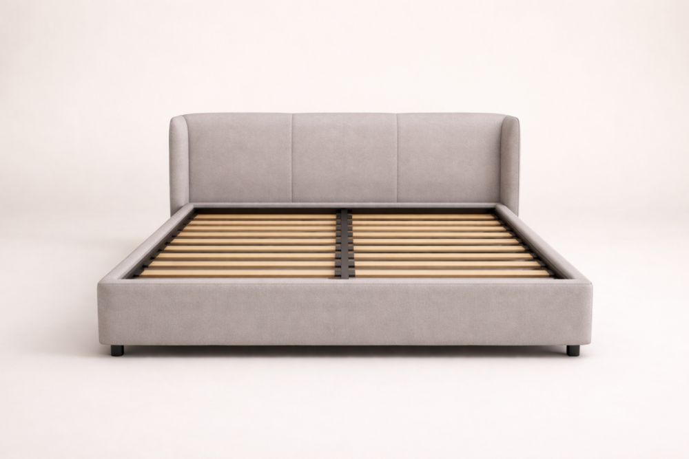 Gray Upholstered Platform Bed Frame with Solid Wood Slats