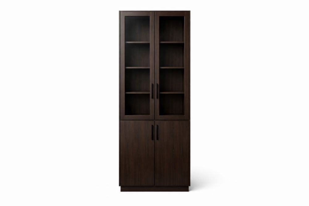 Dark Brown Wood Glass Door Cabinet with Adjustable Shelves 180cm x 60cm x 40cm