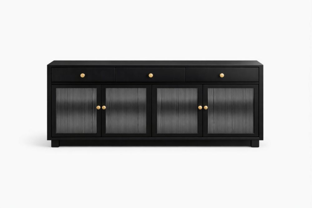 Black Wood Veneer Sideboard with Ribbed Glass Doors 180cm