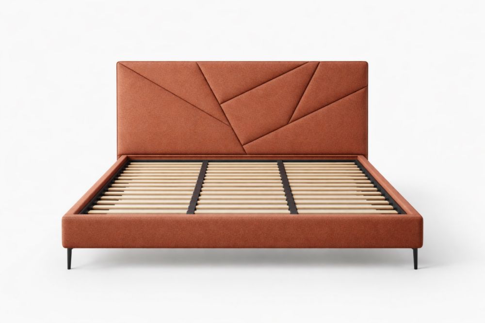 Metal and upholstered platform bed with a geometric headboard