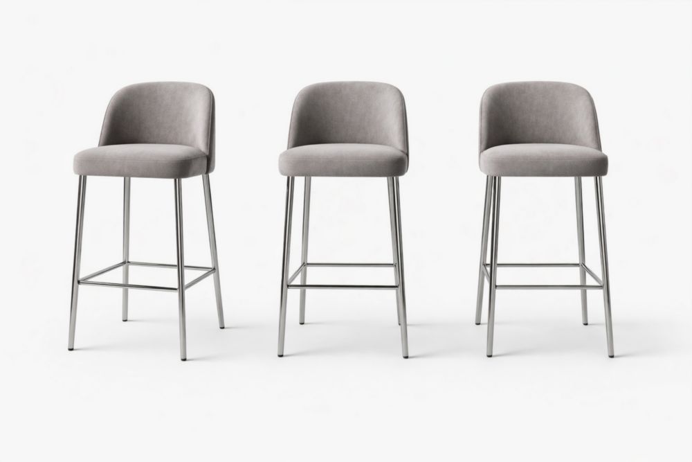 Set of 3 Gray Velvet Bar Stools with Stainless Steel Legs