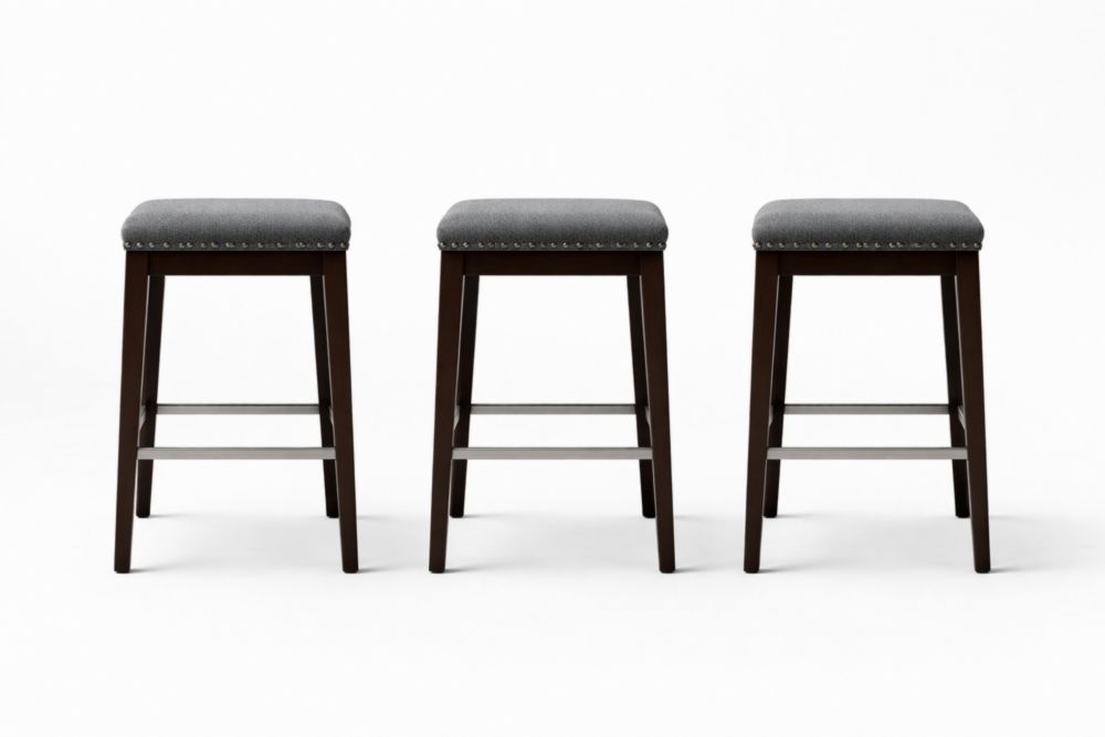 Set of Three Gray Upholstered Wooden Bar Stools