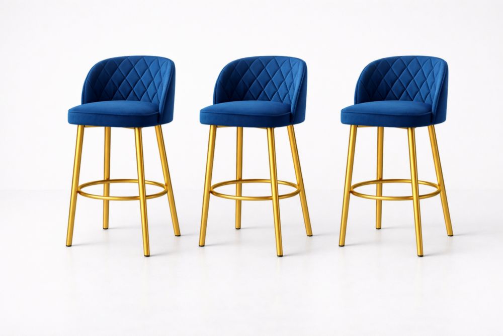 Set of 3 Blue Velvet Bar Stools with Gold Metal Legs