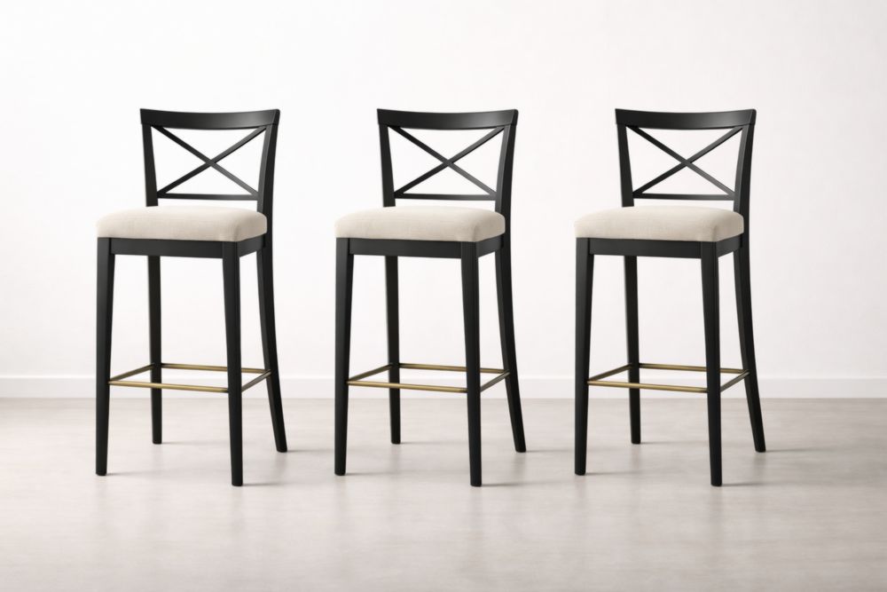Set of 3 Black Wood Frame Bar Stools with Beige Upholstery and Metal Footrest