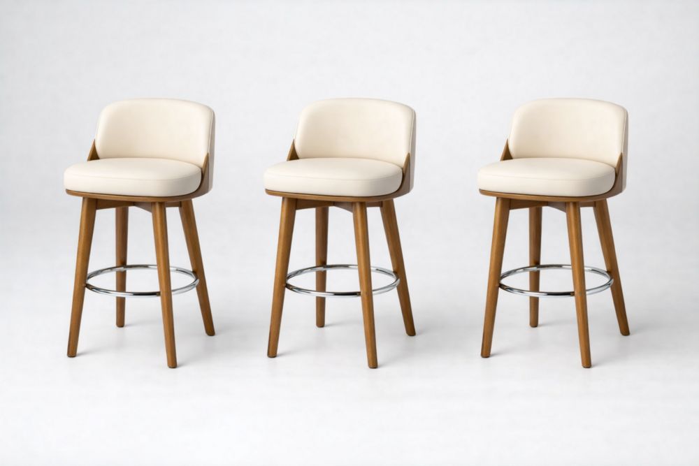Set of 3 Beige Faux Leather Swivel Bar Stools with Wood and Chrome Accents