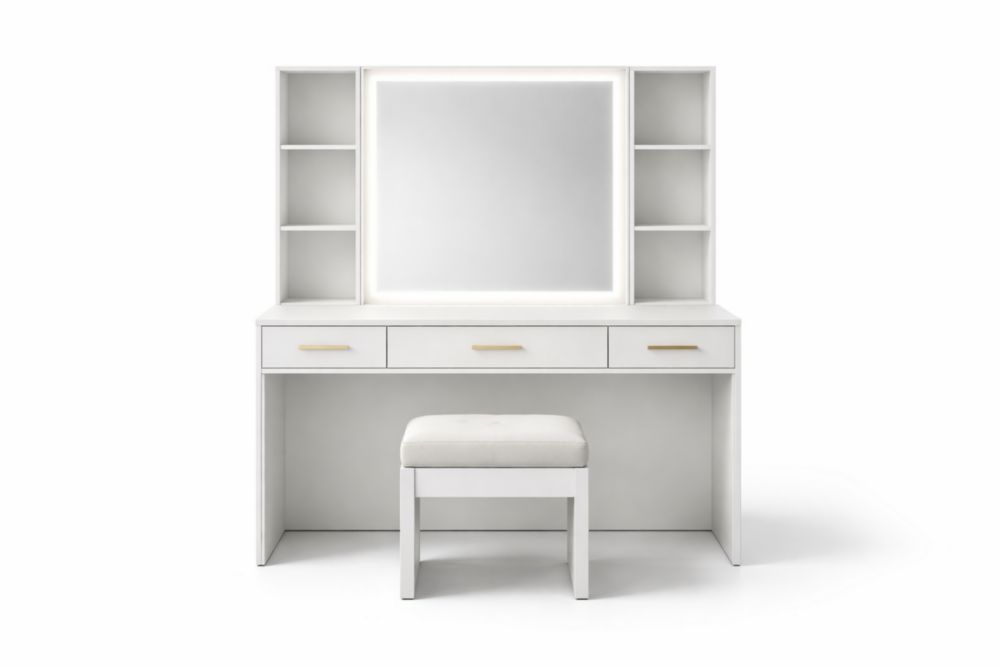 White Wooden Makeup Vanity Set with LED Mirror and Stool