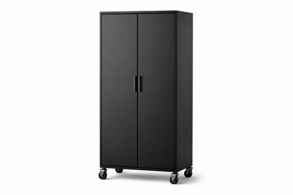 Black Steel Storage Cabinet with Wheels and Key Lock