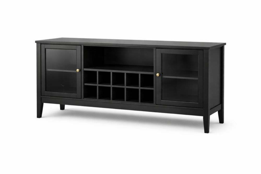 Black wooden sideboard with glass doors and shelves 150 cm