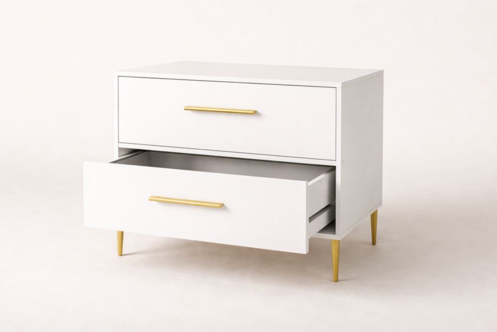 White MDF Wood 2-Drawer Dresser with Gold Metal Legs