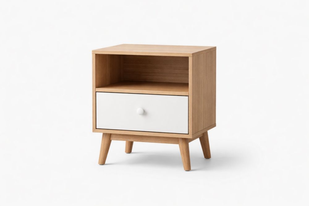 Wooden Nightstand with Drawer and Open Shelf Natural/White