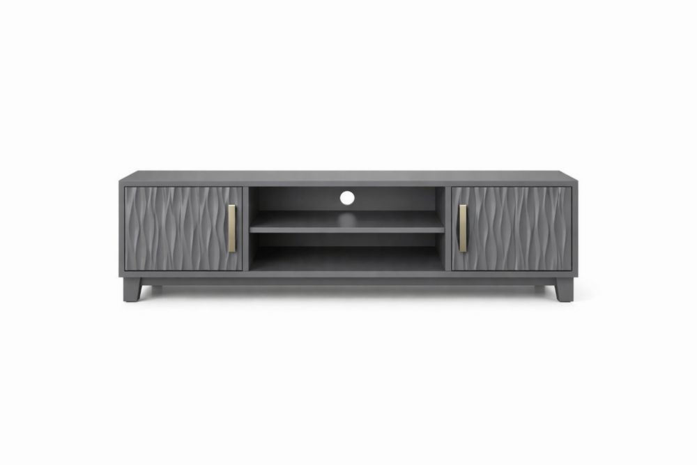 Grey Wood TV Stand with Textured Doors and Shelves 180cm