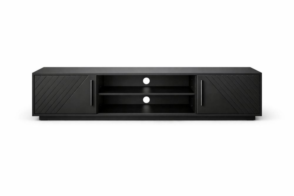 Black MDF TV Stand with Cable Management and Two Cabinets