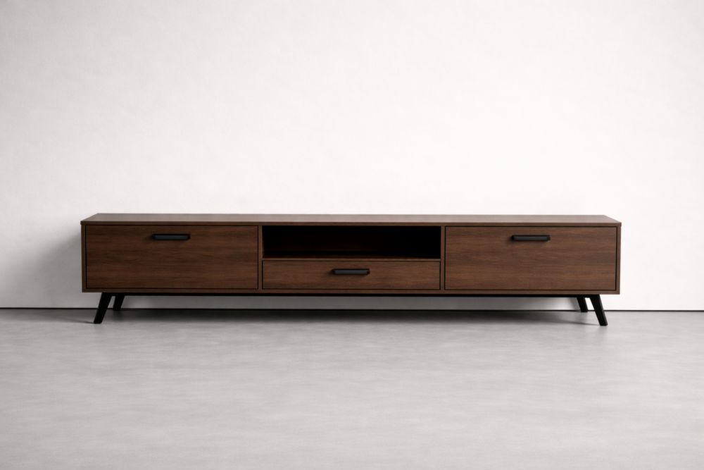 Walnut Wood TV Stand with Metal Legs and Storage 240cm