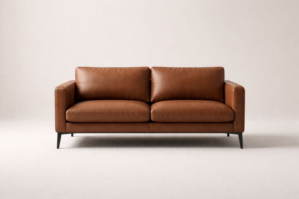 Brown Leather Sofa Two-Seater with Black Metal Legs 160cm
