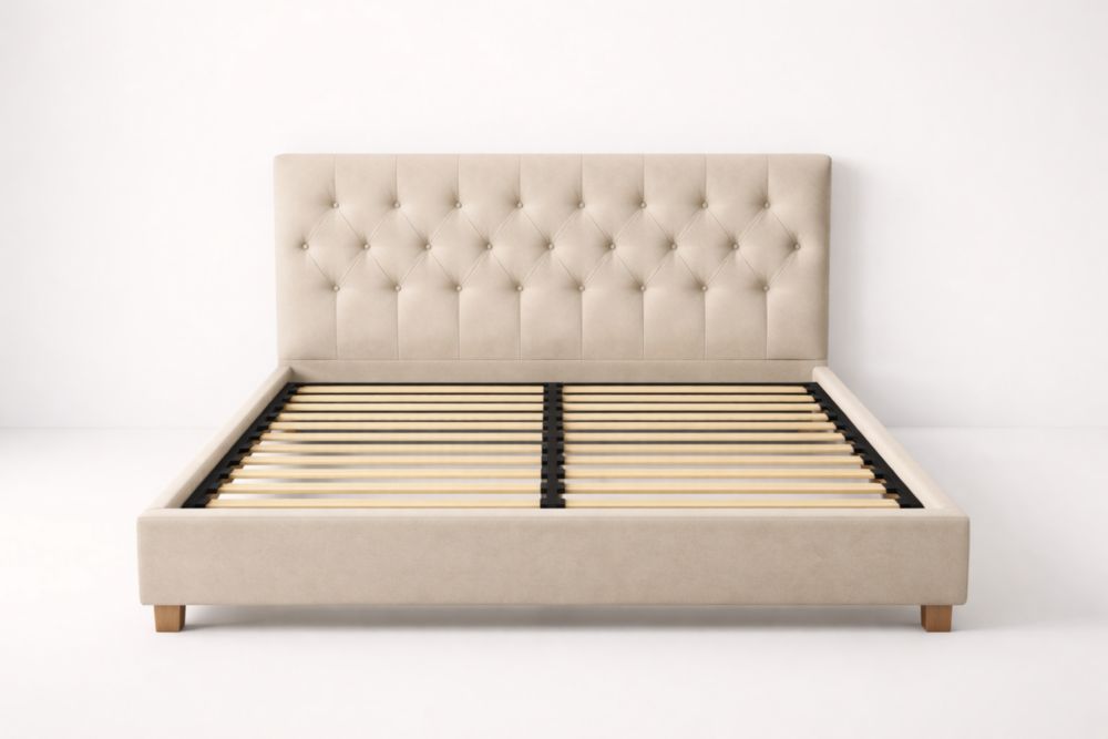 Beige Upholstered Bed Frame with Tufted Headboard and Wooden Slats