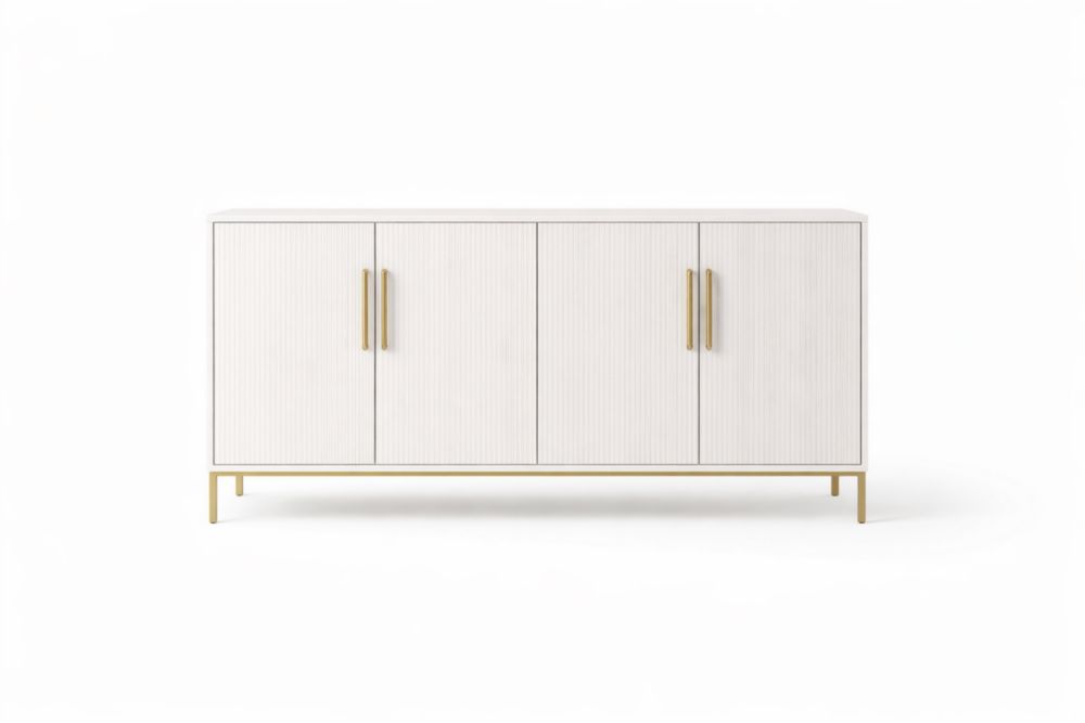 White Wood Sideboard with Brass Trim and Four Doors 150cm