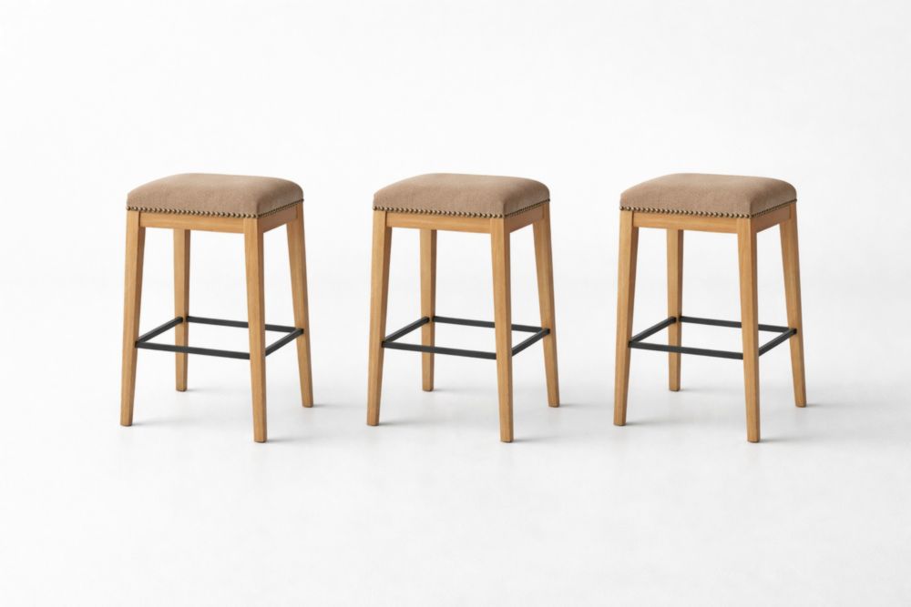 Set of 3 Beige Upholstered Bar Stools with Wooden Legs and Metal Footrest