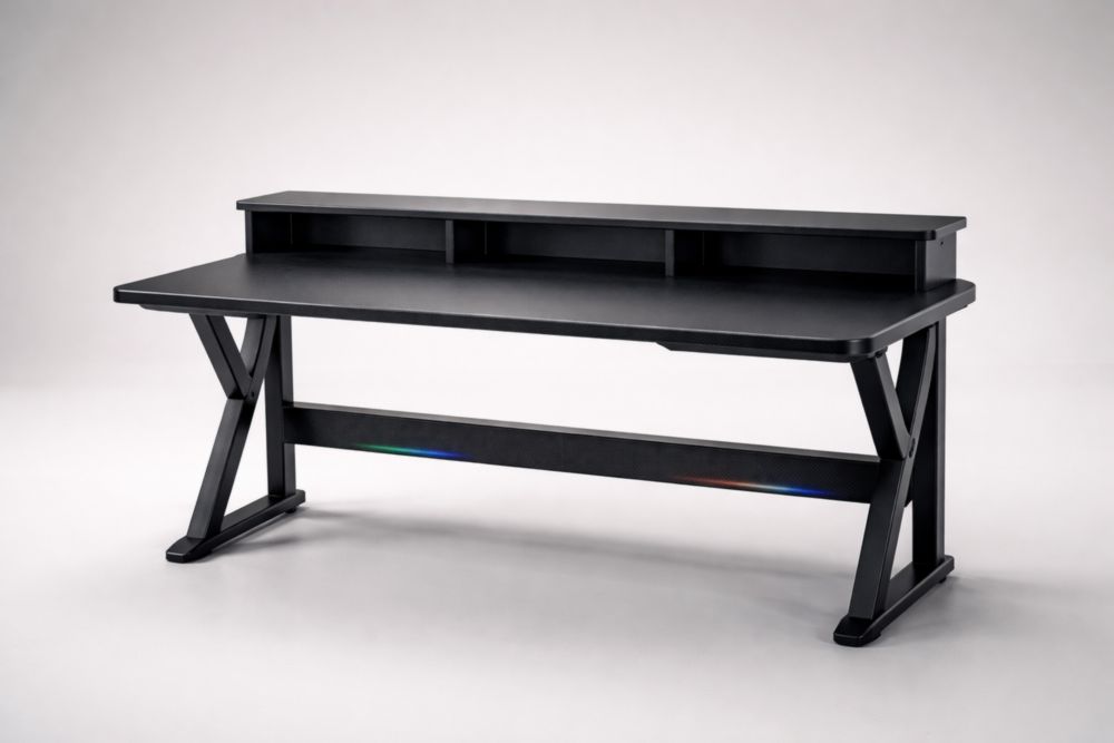 Black MDF Gaming Desk with Steel Frame and Elevated Shelf