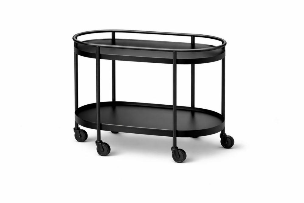 Black Metal Oval Bar Cart with Wheels and Two Tiers