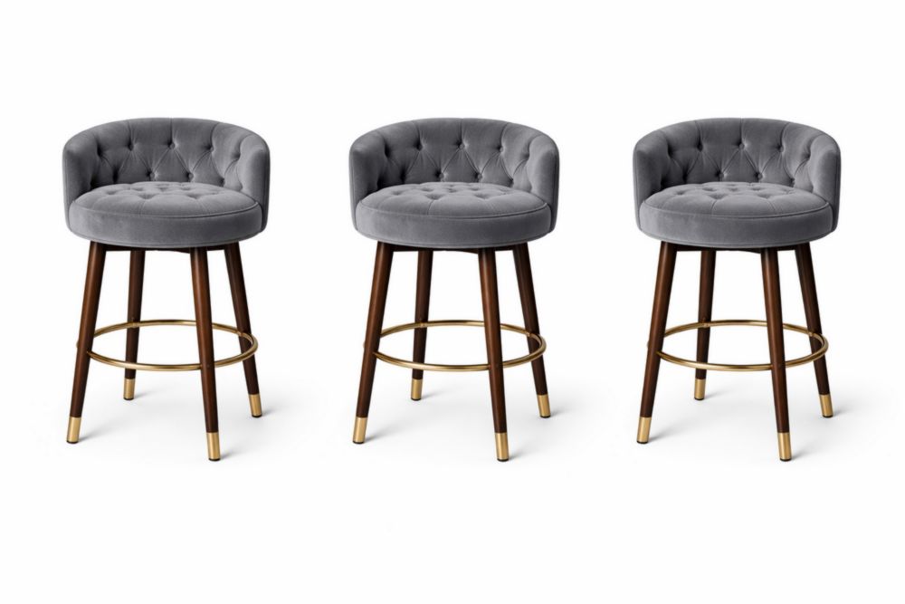 Set of 3 Gray Velvet Bar Stools with Wooden Legs and Brass Accents