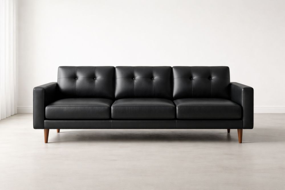 Black Leather Sofa with Tufted Back and Wooden Legs 215cm