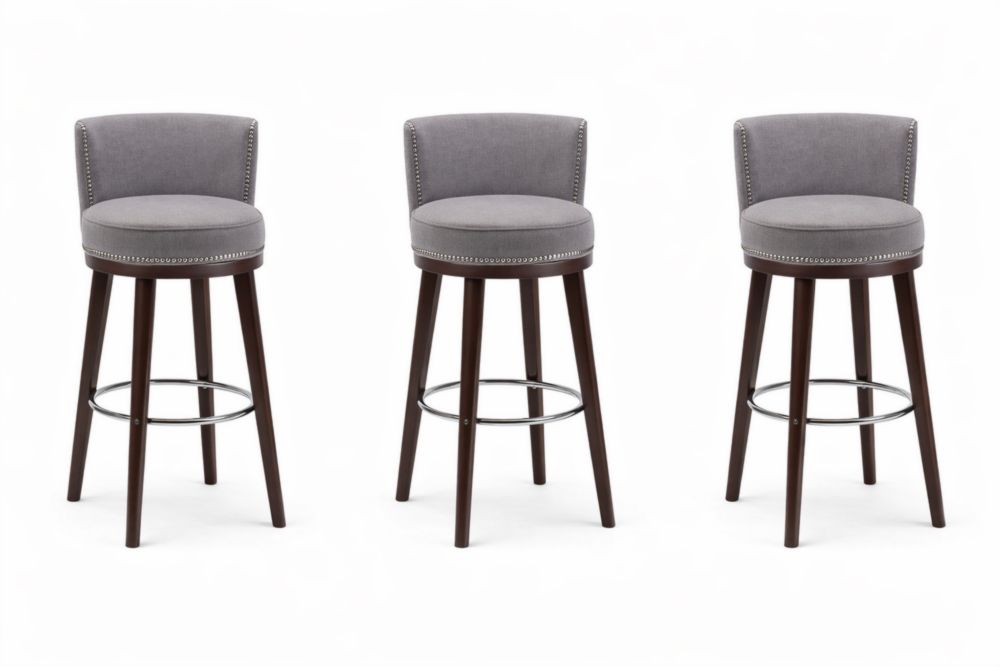 Gray Fabric Swivel Bar Stools with Nailhead Trim and Wood Legs