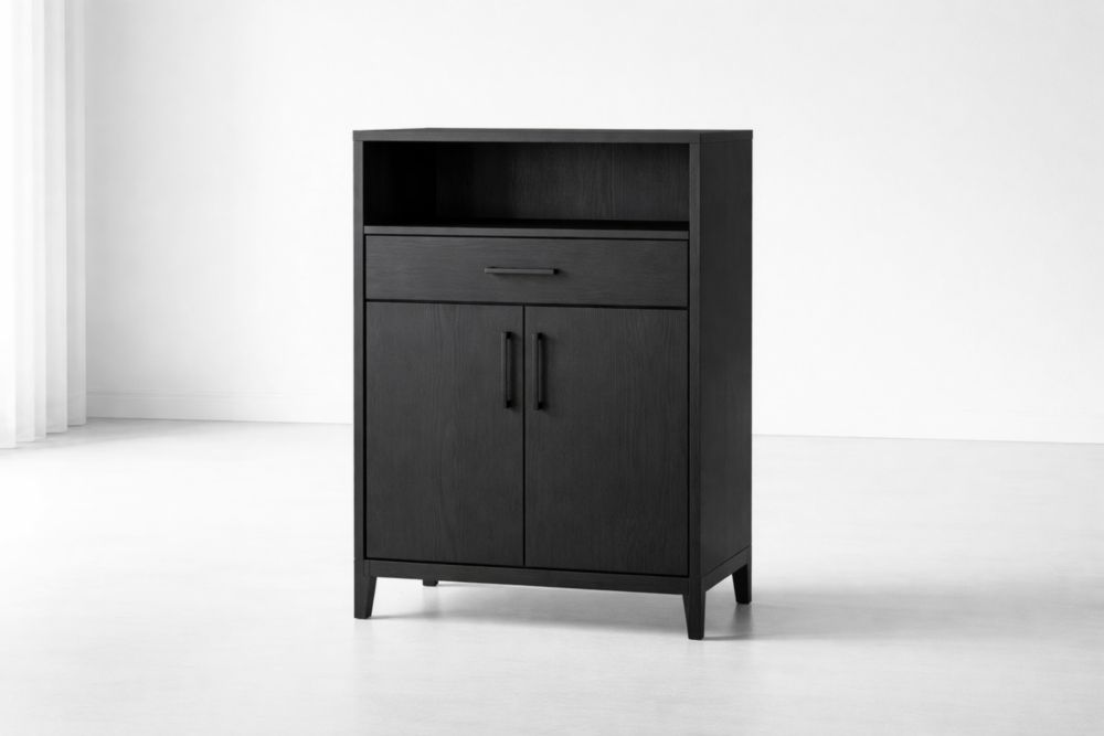 Black Wood Cabinet with Open Shelf and Drawer