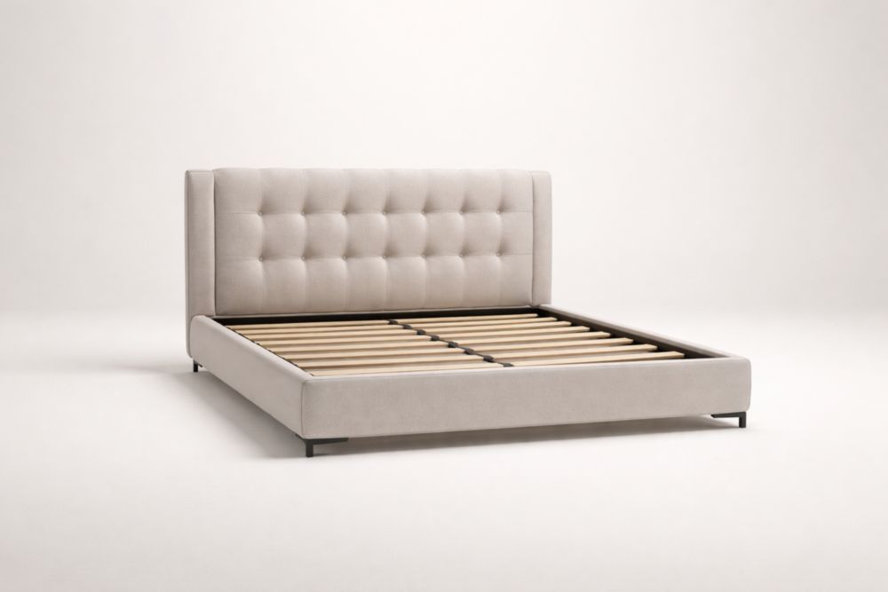 Beige Upholstered Wooden Platform Bed