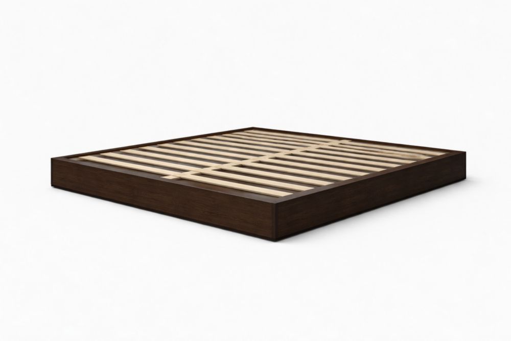 Dark brown wooden platform bed frame size 203 cm x 152 cm