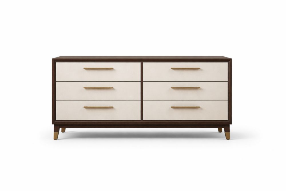 Brown Wood Dresser with Beige Upholstered Fronts and Brass Handles