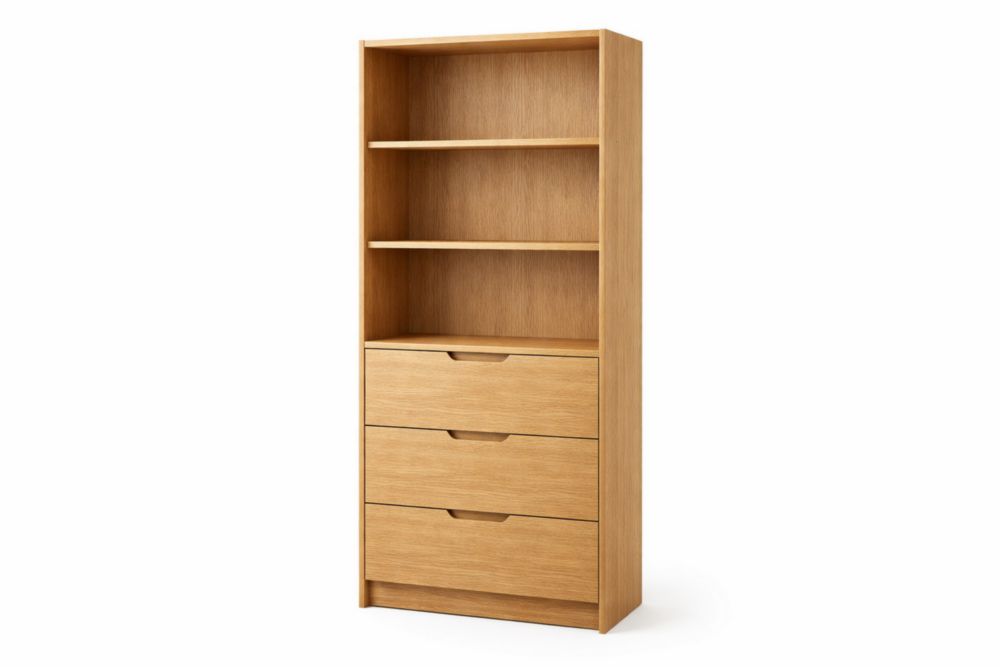 Oak Veneer Bookcase with Drawers 180cm x 80cm x 40cm